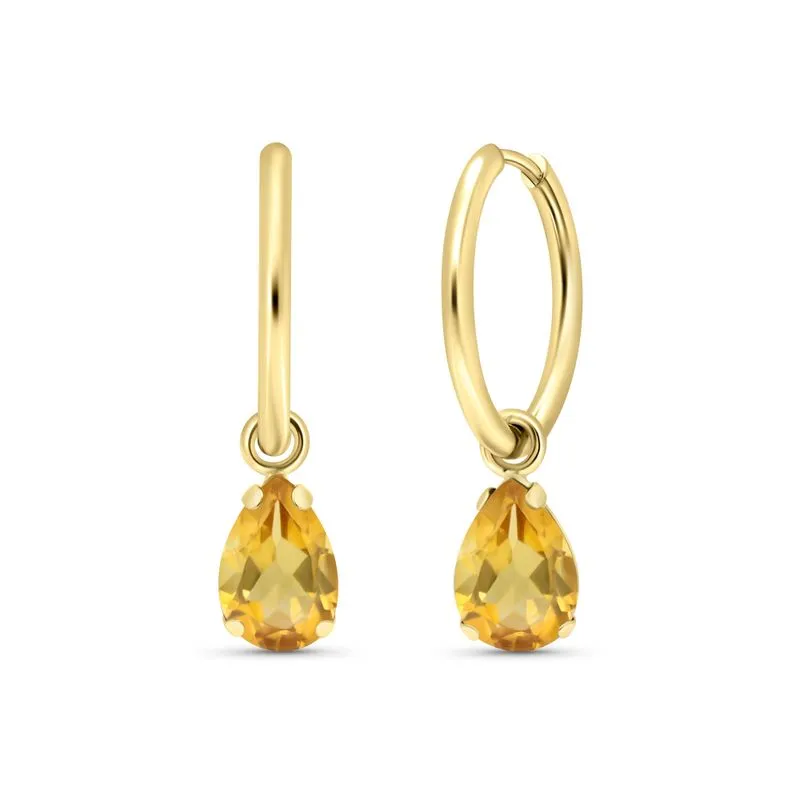 14k Gold Hoop Earrings with Citrine Teardrop Stones