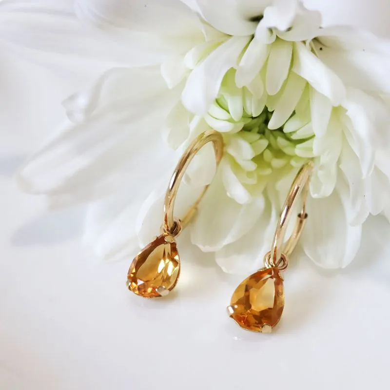 14k Gold Hoop Earrings with Citrine Teardrop Stones