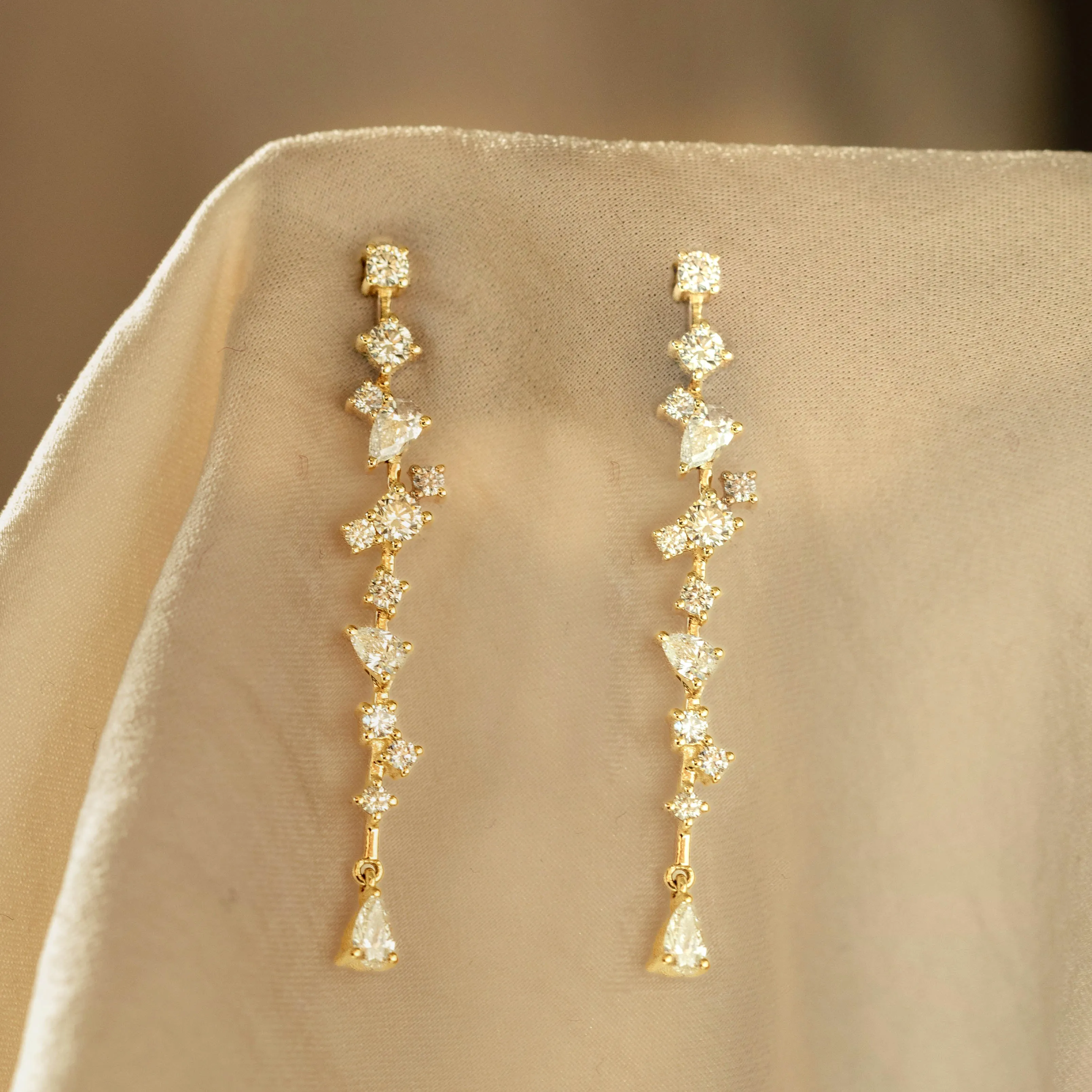 14K Gold Multi-Shape Diamond Drop Earrings