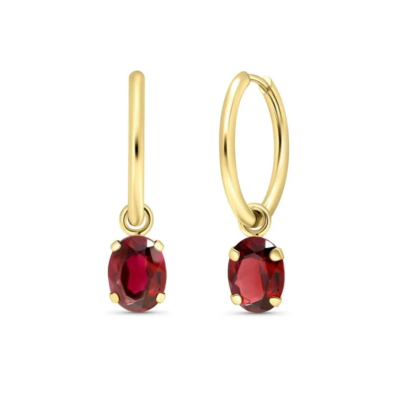 14K Yellow Gold Hoop Earrings with Oval Garnet Stones