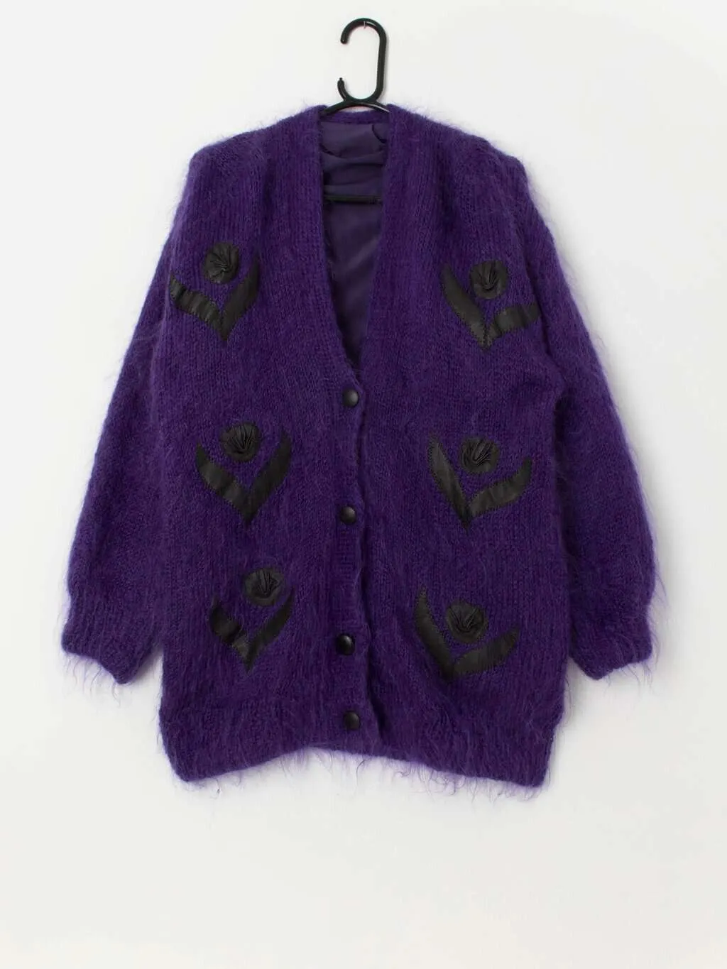 80s purple mohair cardigan coat with black floral appliqué – Large