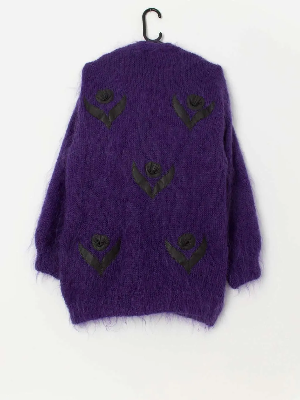 80s purple mohair cardigan coat with black floral appliqué – Large