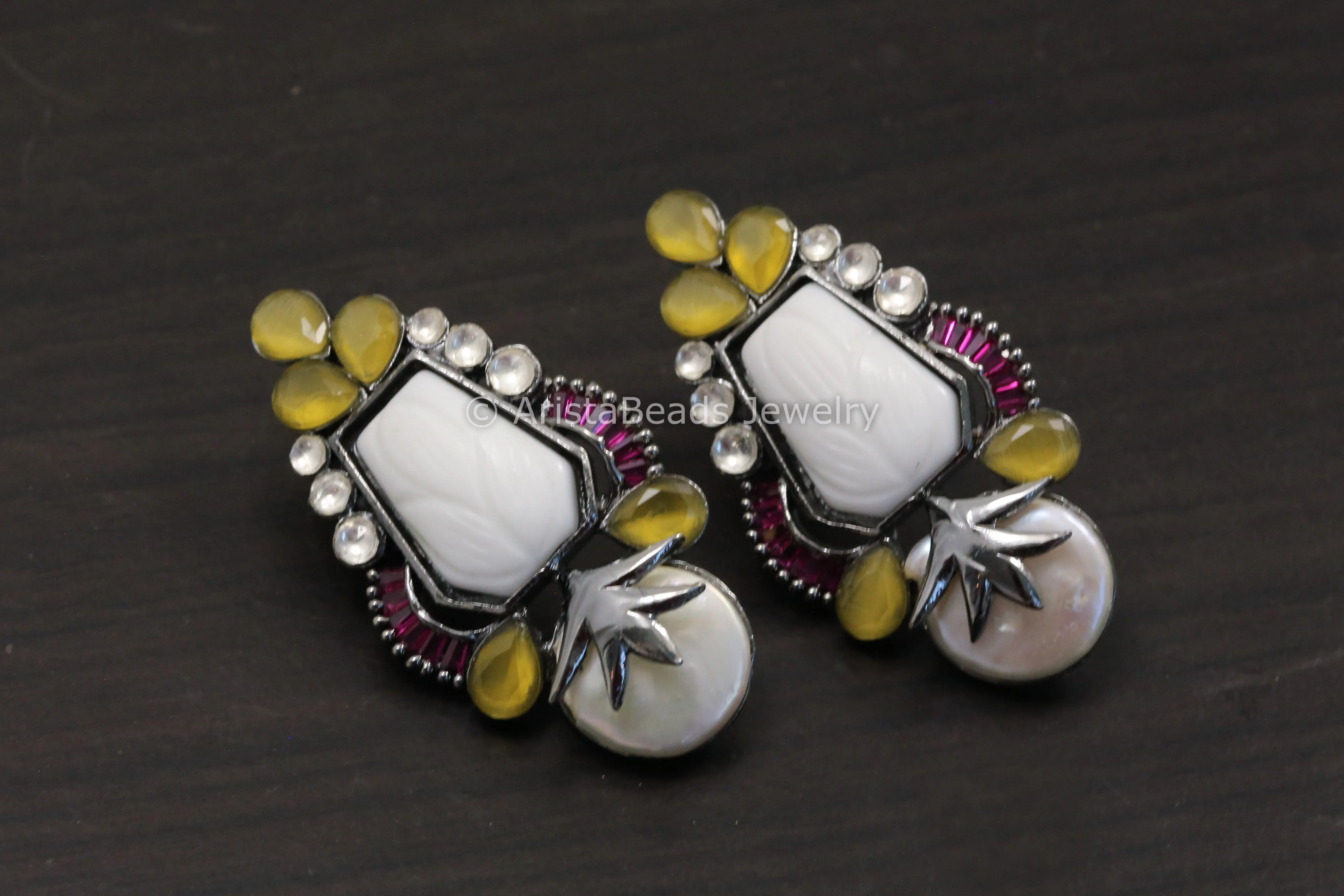 Baroque Pearl & Carved Stone Earrings - Yellow White