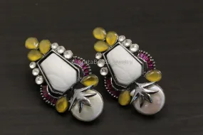 Baroque Pearl & Carved Stone Earrings - Yellow White