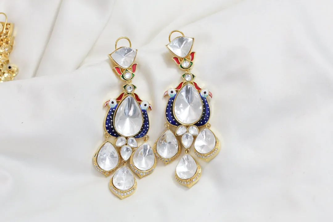 Big Kundan Polki Enamel Earrings - Blue