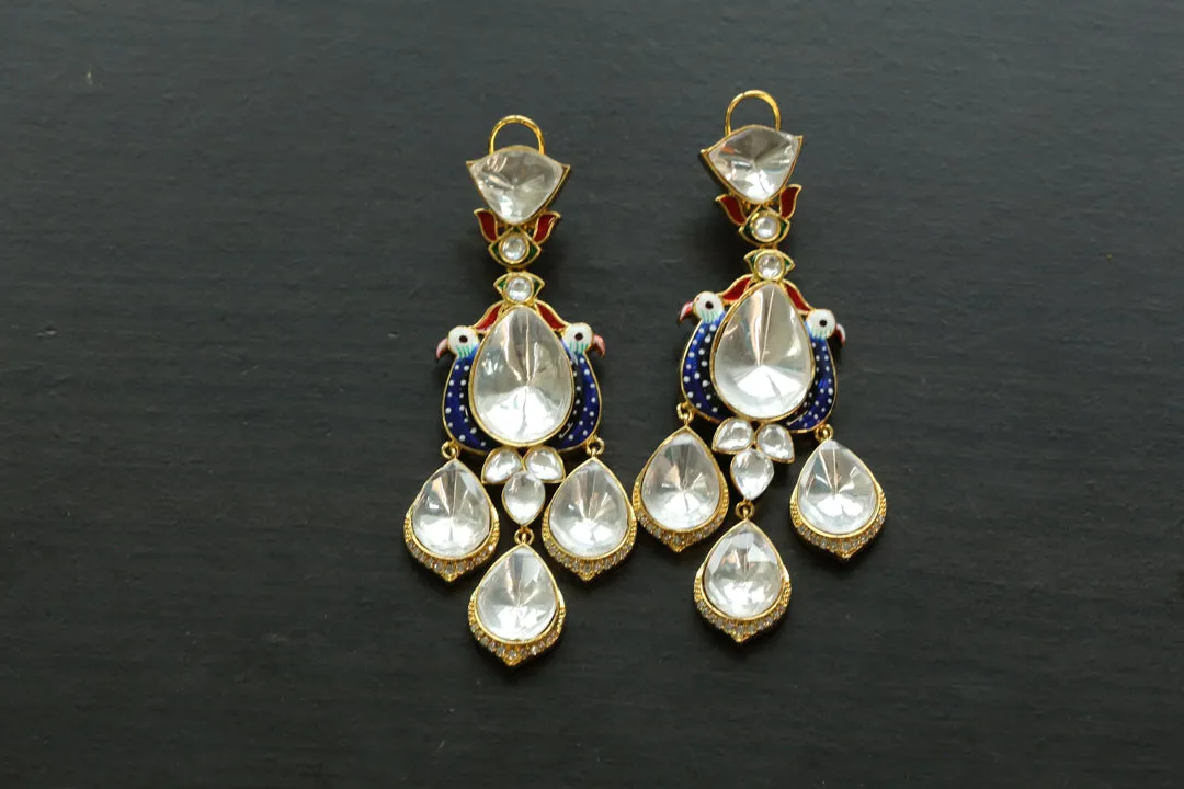 Big Kundan Polki Enamel Earrings - Blue