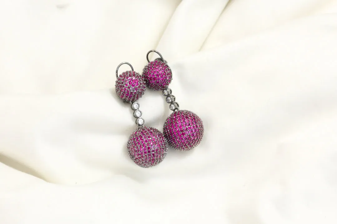 Contemporary Pave Setting Ball Earrings - Ruby