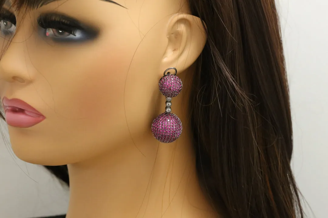 Contemporary Pave Setting Ball Earrings - Ruby