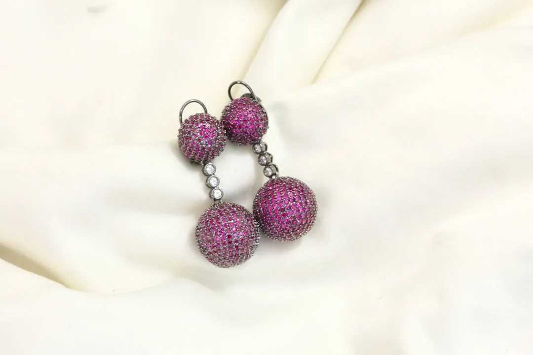 Contemporary Pave Setting Ball Earrings - Ruby