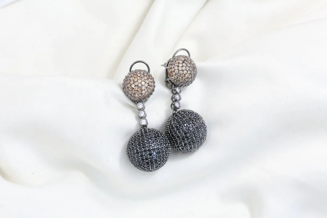 Contemporary Pave Setting Ball Earrings -Black Champaign