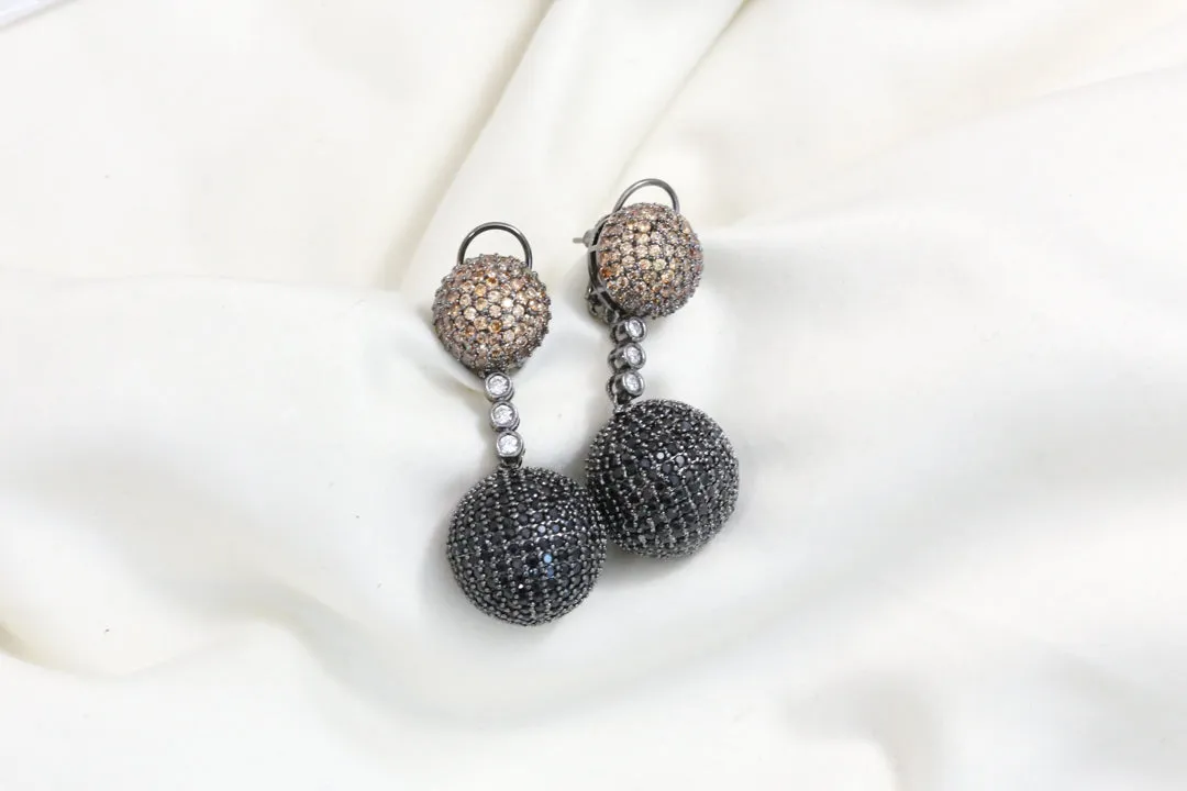 Contemporary Pave Setting Ball Earrings -Black Champaign