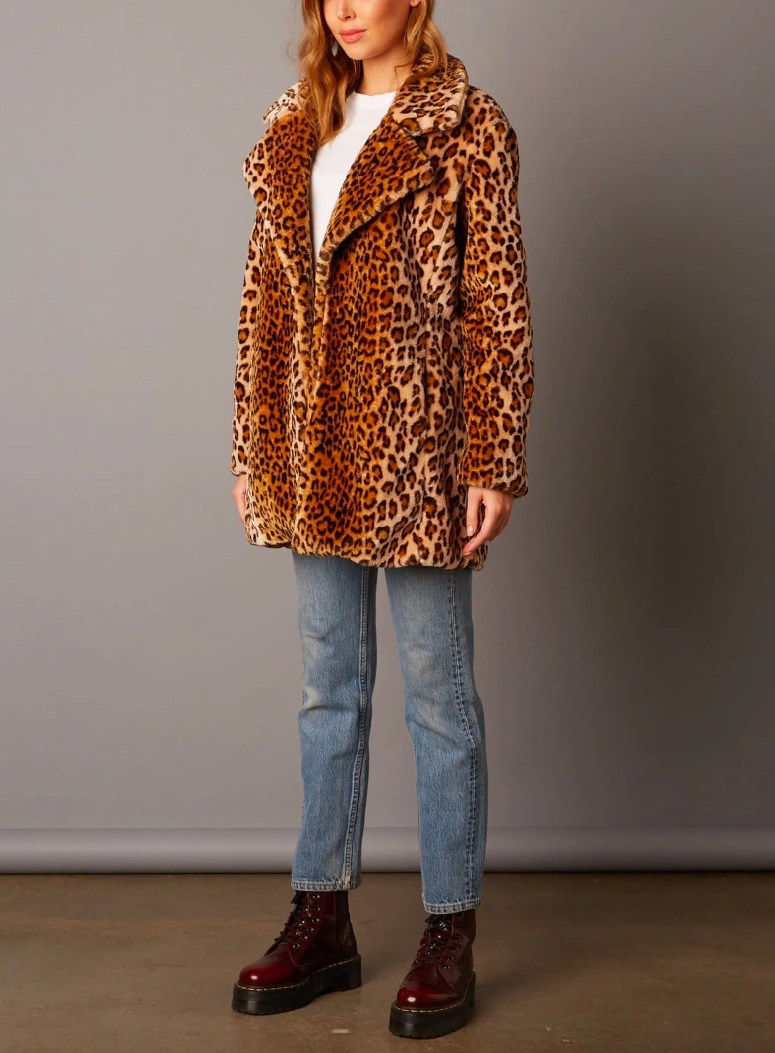 Cotton Candy LA - Selena Open Collar Faux Fur Coat in Brown/Leopard