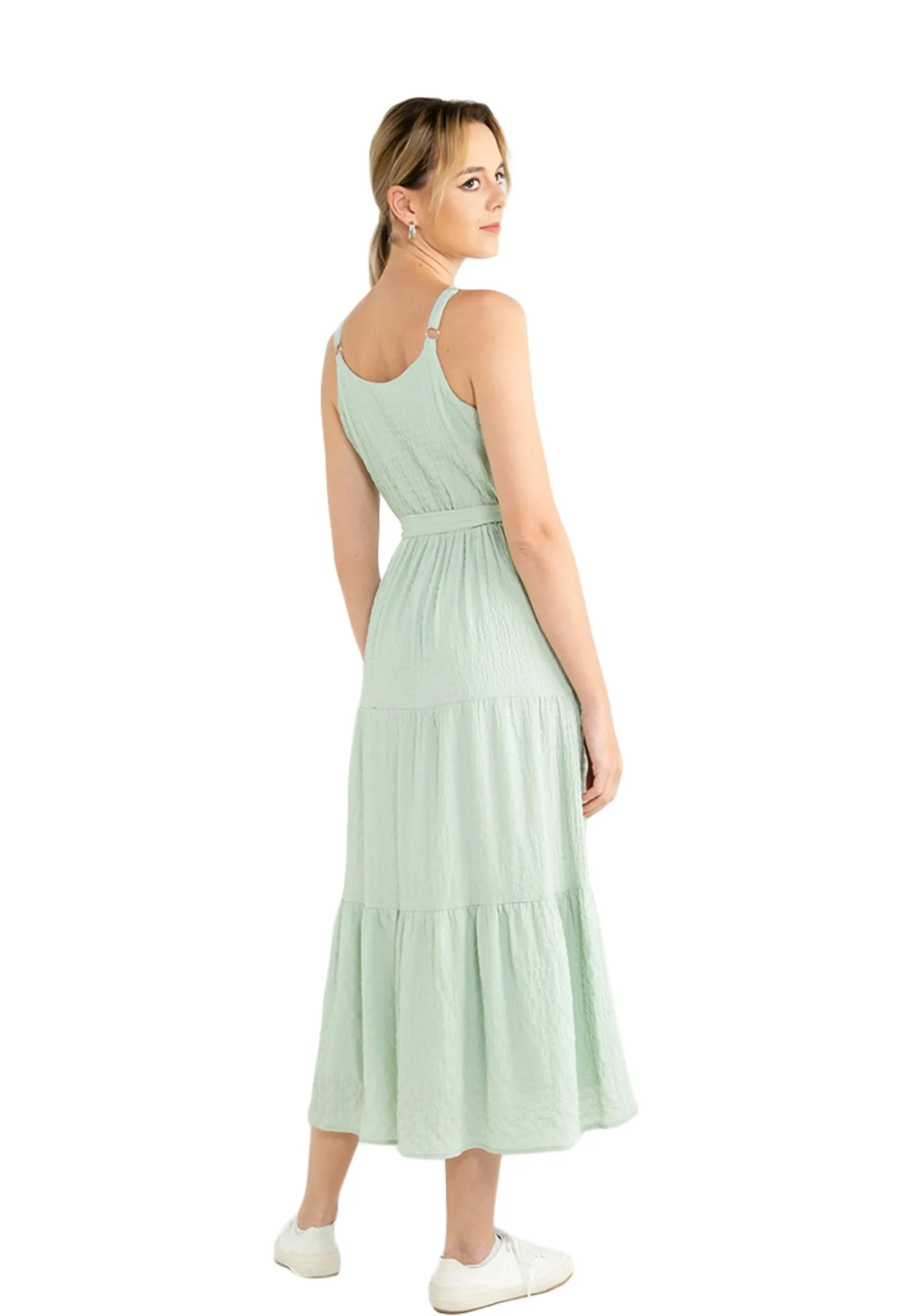 ELLE Apparel Belted Sleeveless Tiered Maxi Dress