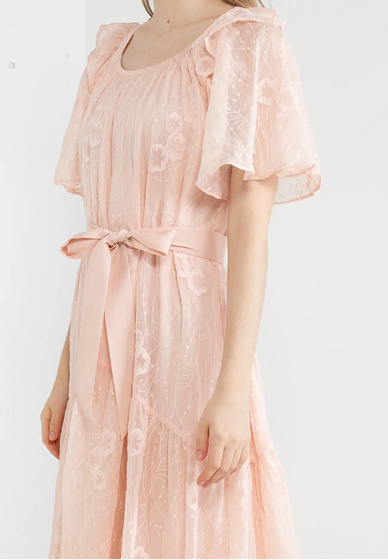 ELLE Apparel Blossom Embroidered Lace Ribbon Tie Midi Dress