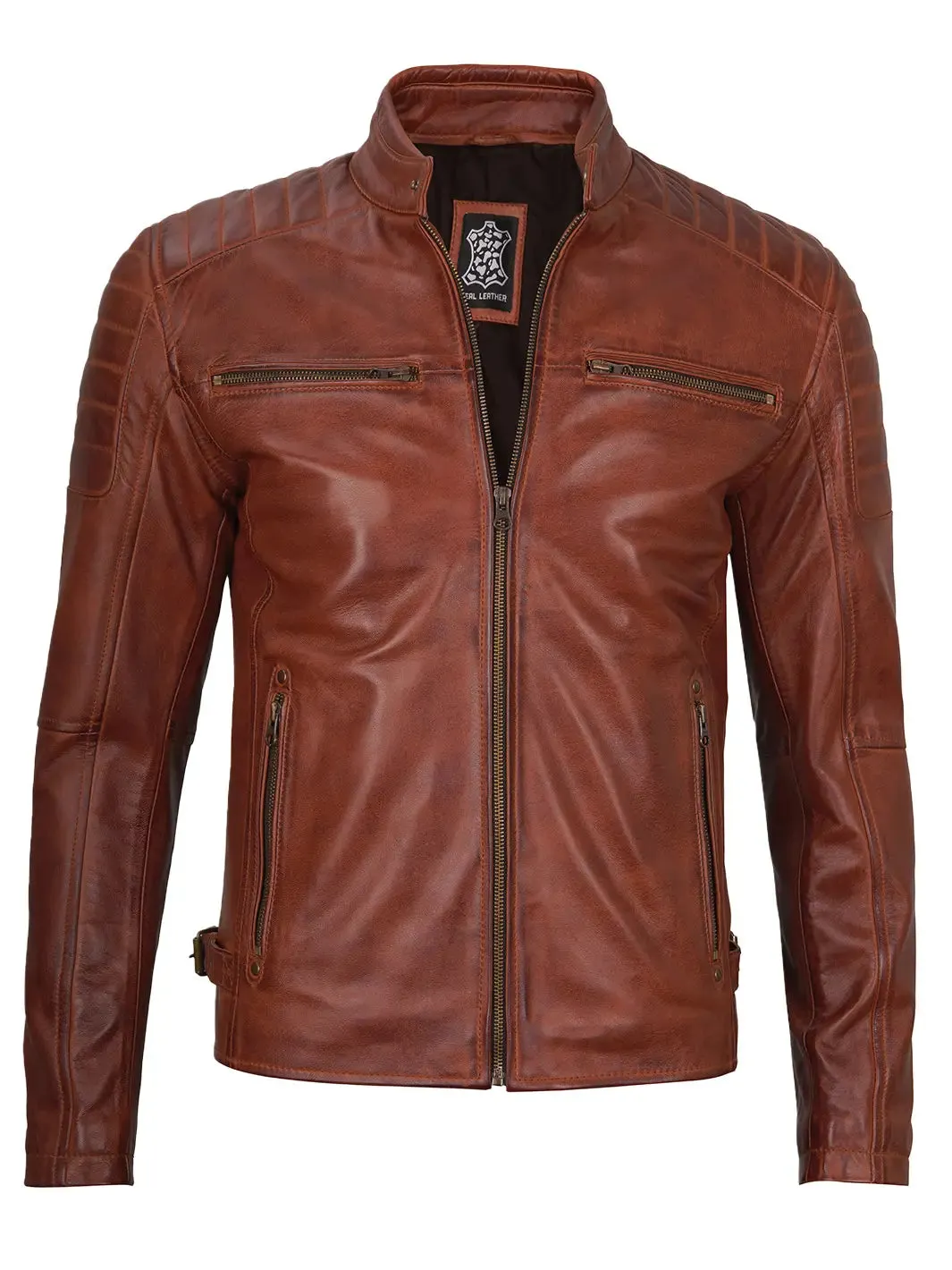 Felix Cognac Brown Cafe Racer Leather Jacket