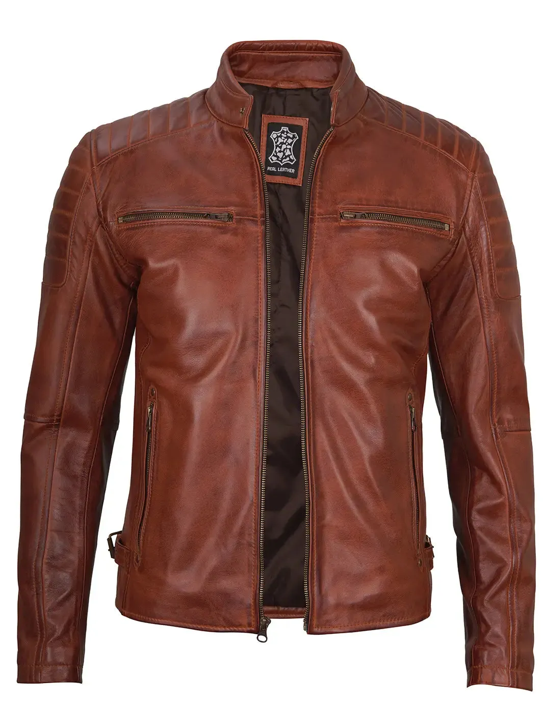 Felix Cognac Brown Cafe Racer Leather Jacket