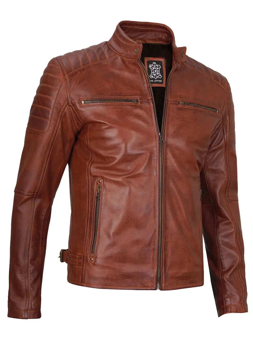 Felix Cognac Brown Cafe Racer Leather Jacket