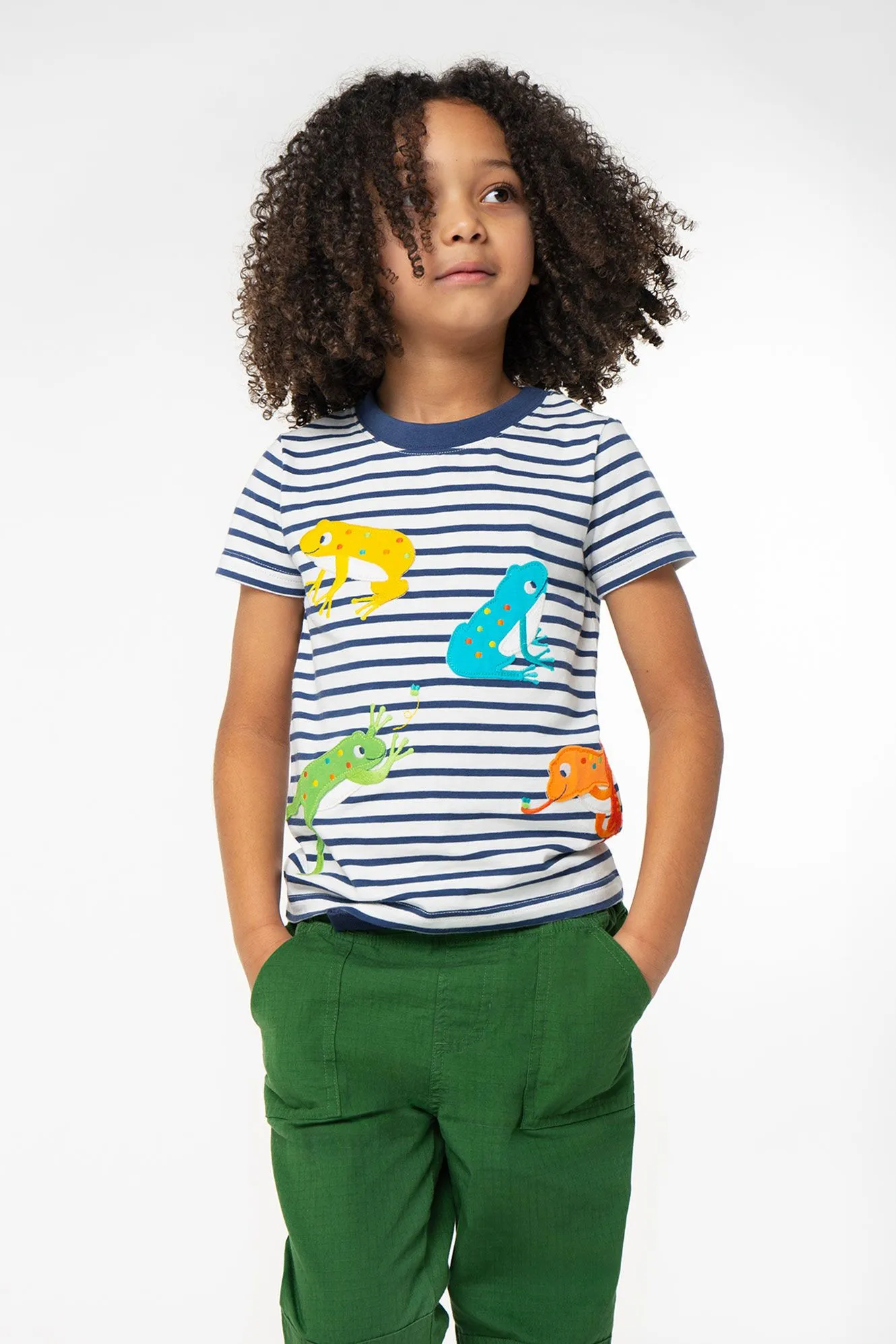 Frugi Navy Stripes Frogs Elijah Appliqué T-Shirt