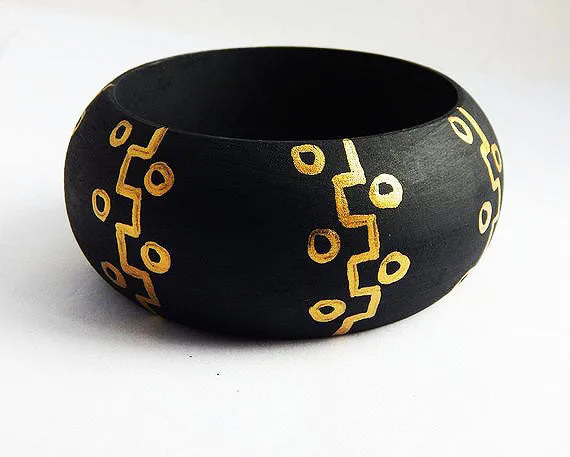 Gold & Black Bangle Set Bracelet Earrings Jewelry Set Wooden Hand Painted