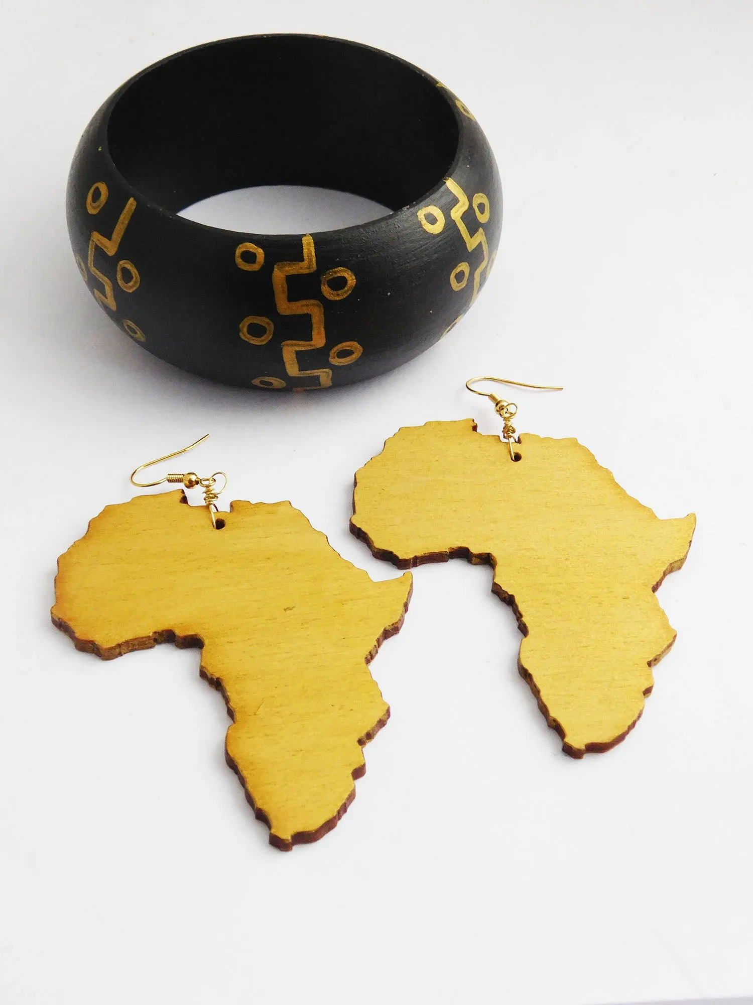 Gold & Black Bangle Set Bracelet Earrings Jewelry Set Wooden Hand Painted