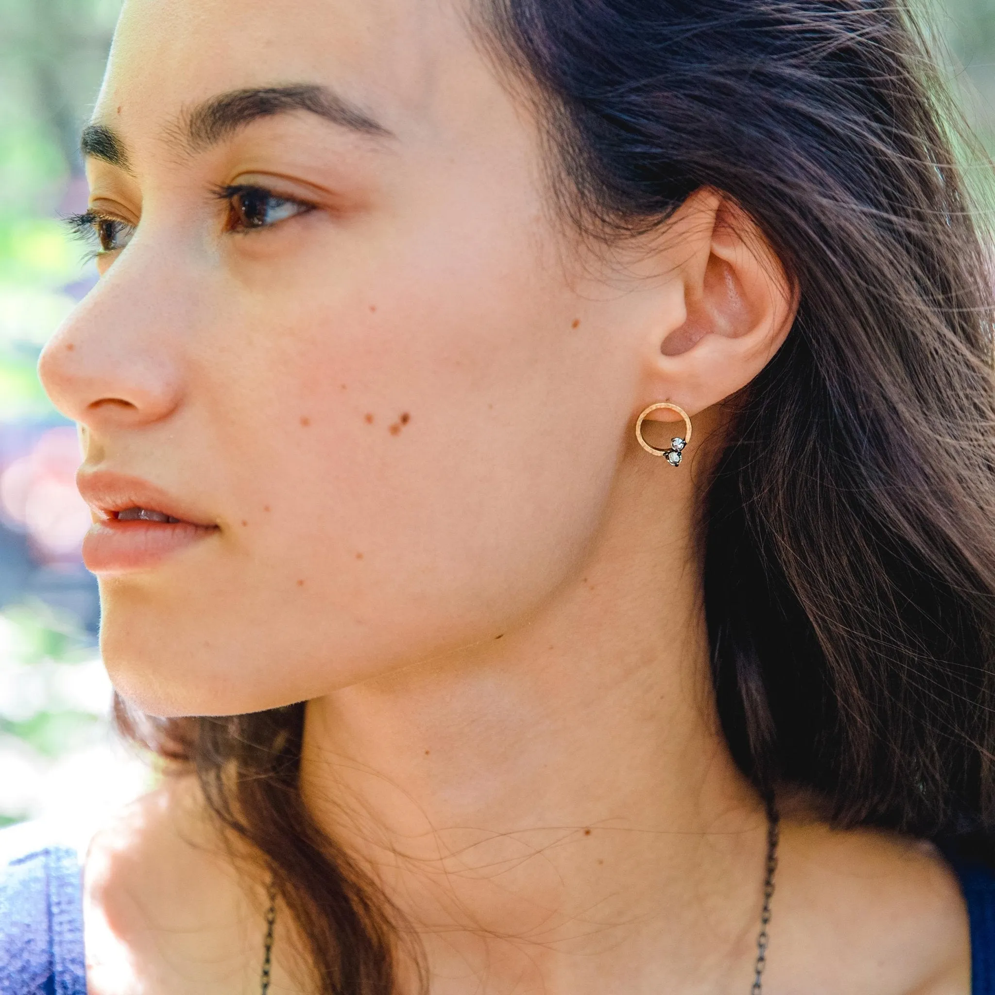 Hammered Open Circle Studs with Two Blackened Prong-Set Diamonds