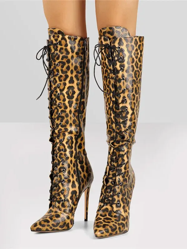 Knee High Boots Women's Leopard Pointed Toe Stiletto Heel Lace Up Boots