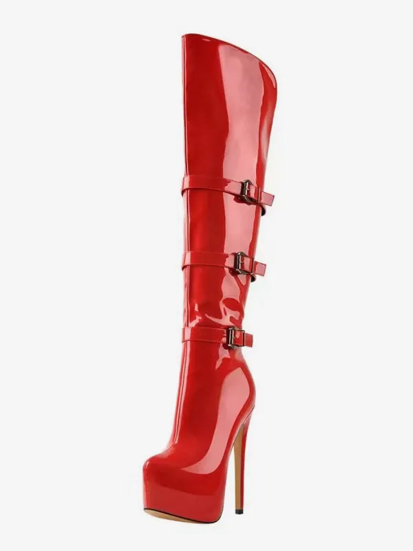 Knee High Boots Women's PU Leather Knee-High Boots Buckle Stiletto Heel