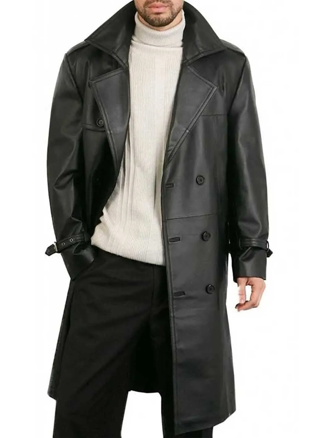 Mens Belted Double Breasted Black Leather Trench Coat