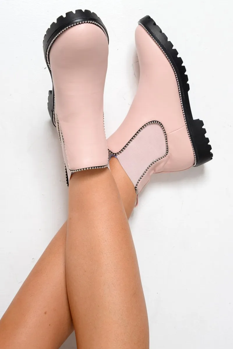 Pink PU Stud Detail Ankle Boots - Andie