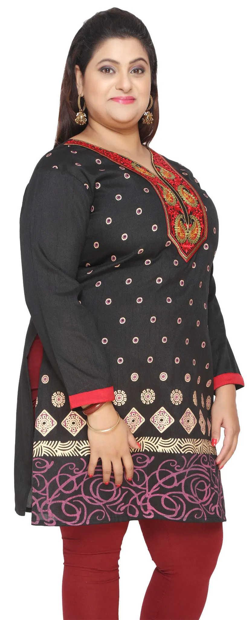 Plus Size Womens Indian Tunics Kurti Long Top Apparel (Black)