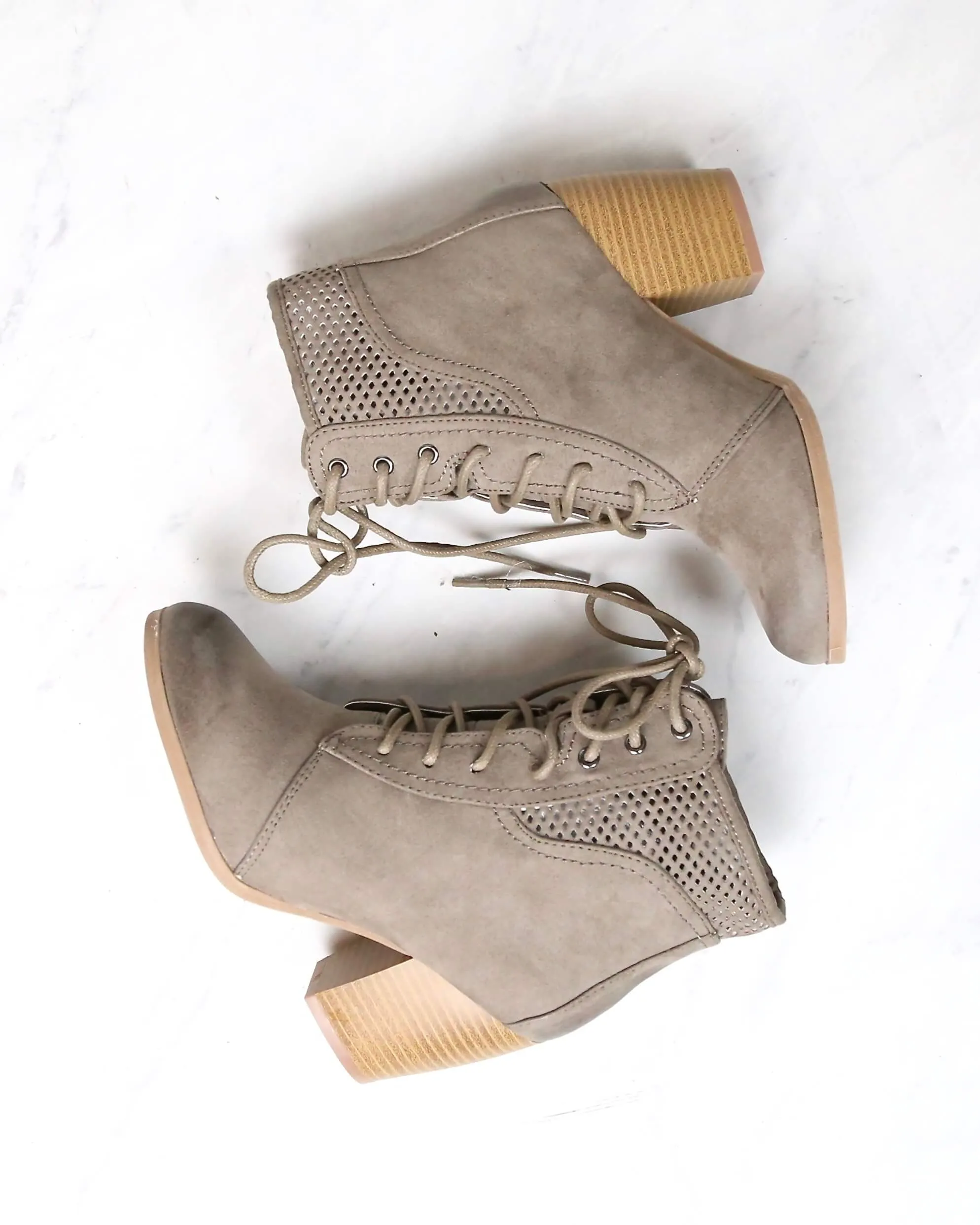 Point the Way Perforated Ankle Boots in Taupe