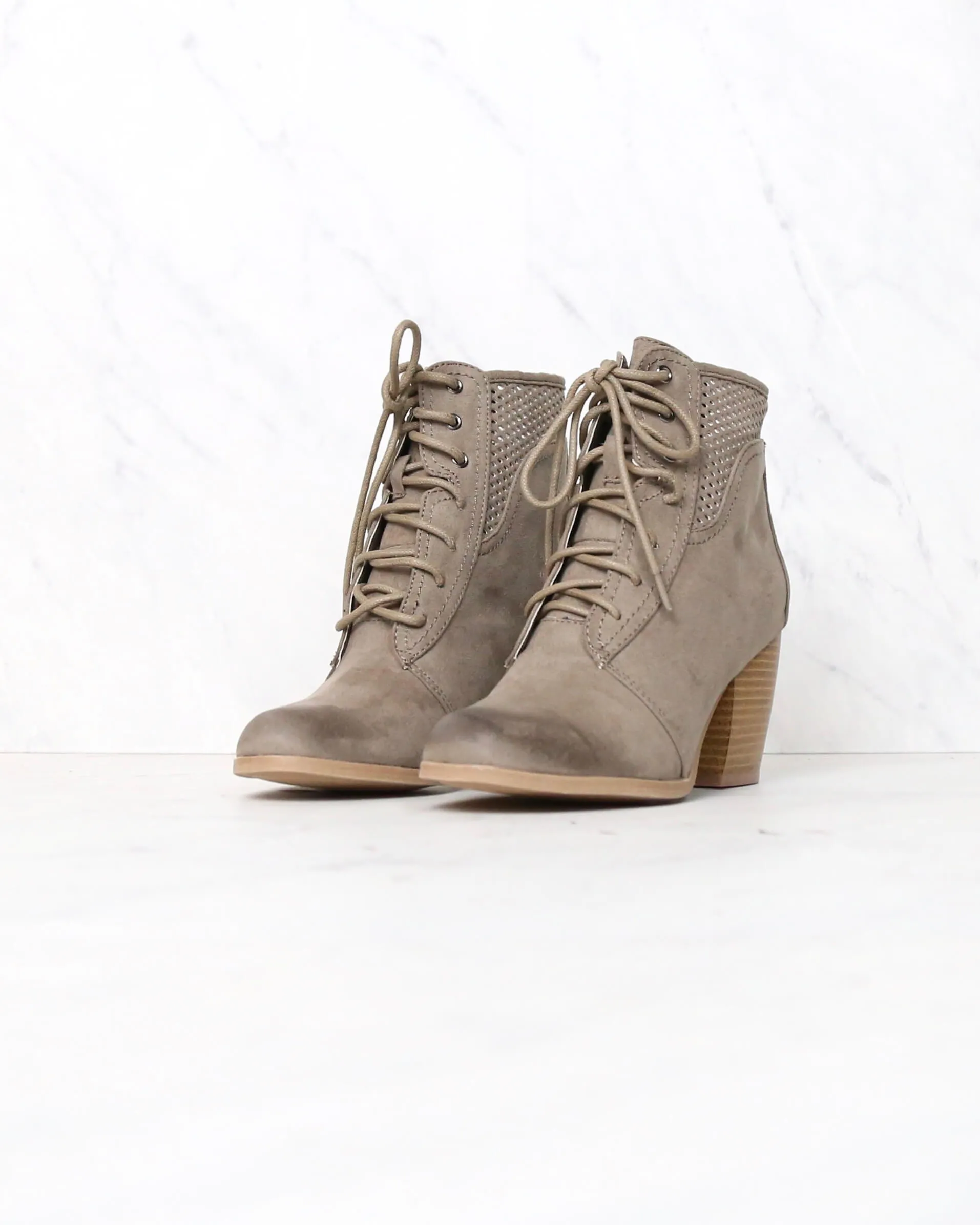 Point the Way Perforated Ankle Boots in Taupe