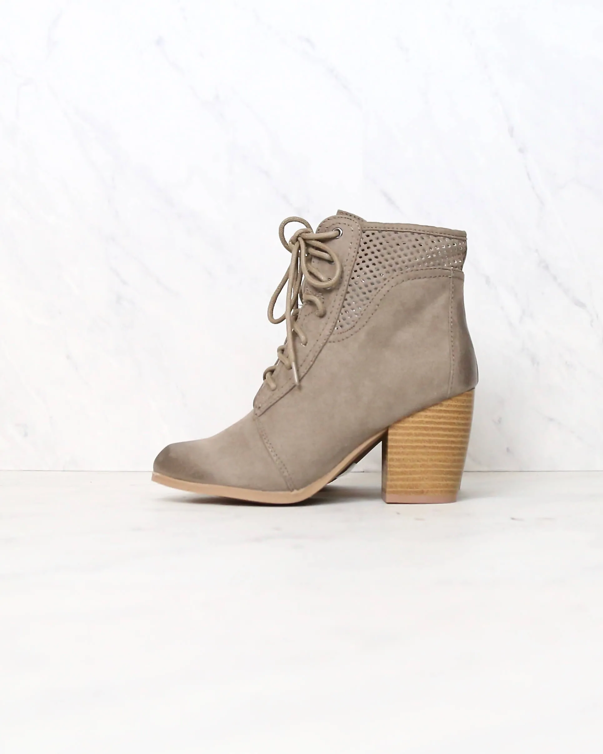 Point the Way Perforated Ankle Boots in Taupe