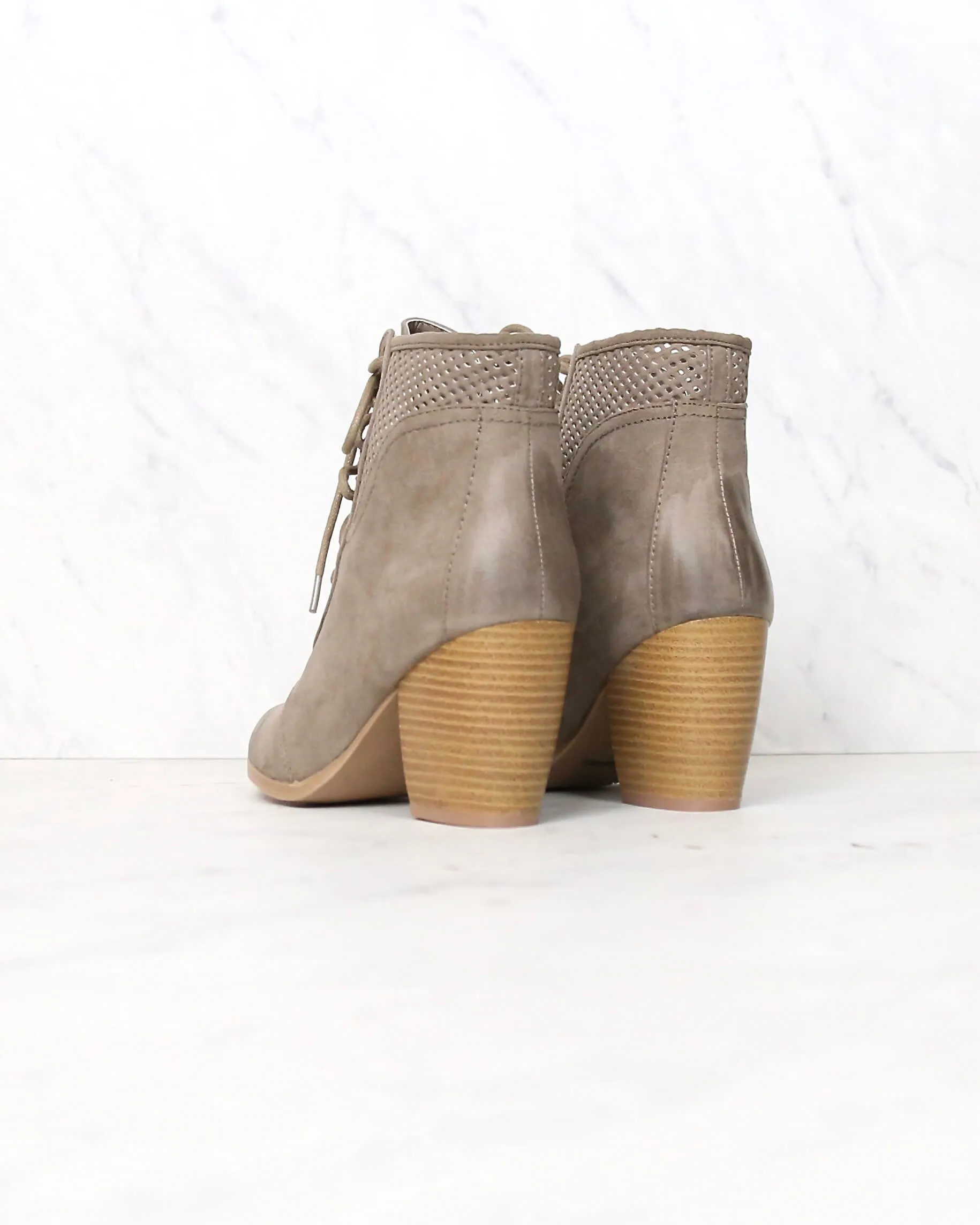 Point the Way Perforated Ankle Boots in Taupe