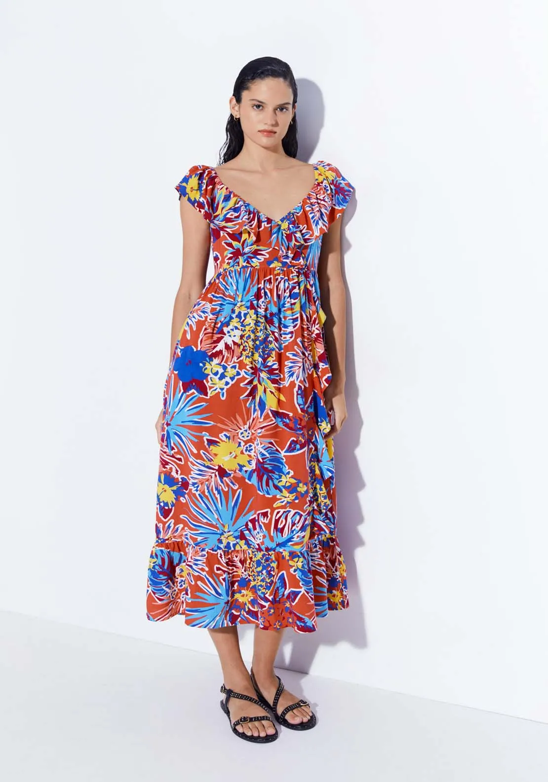 Printed Ruffle Midi Dress