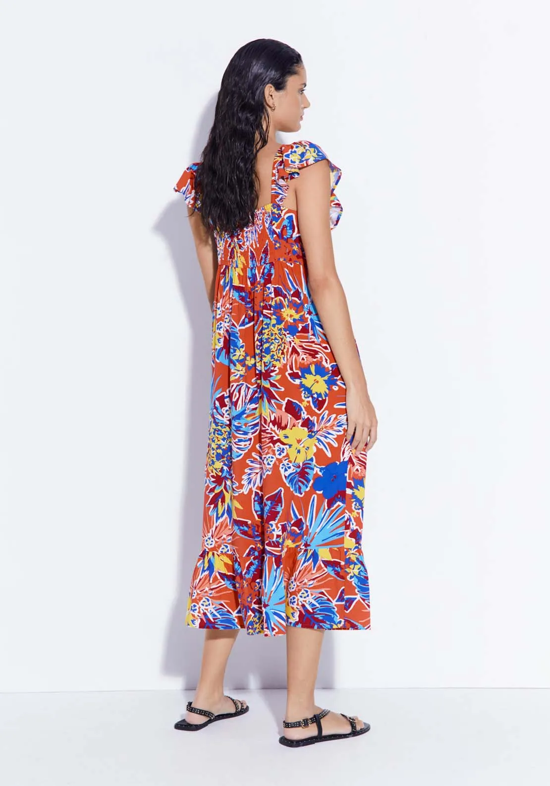 Printed Ruffle Midi Dress