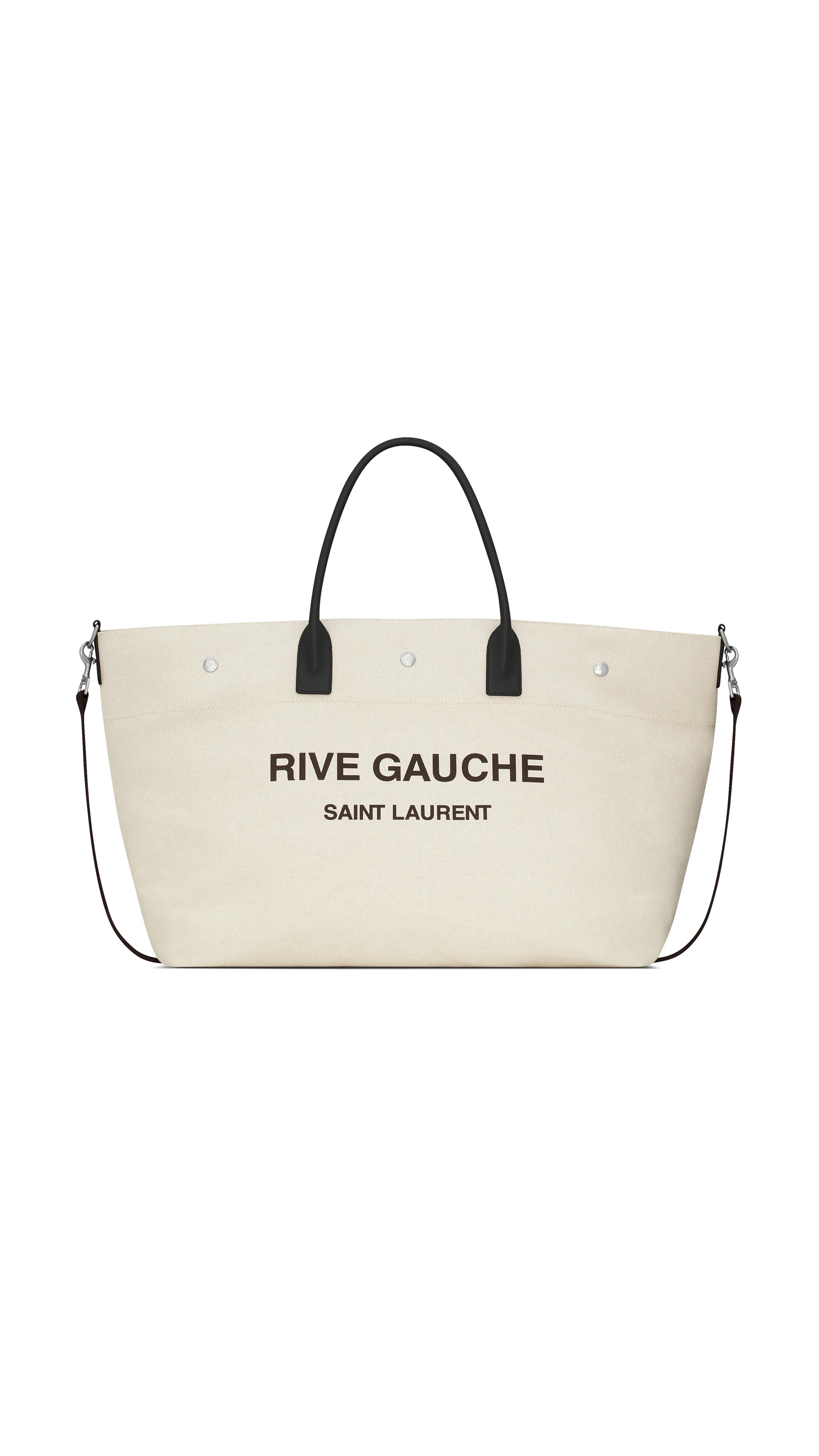 Rive Gauche Maxi Shopping Bag In Printed Canvas And Smooth Leather - Grege Et Noir