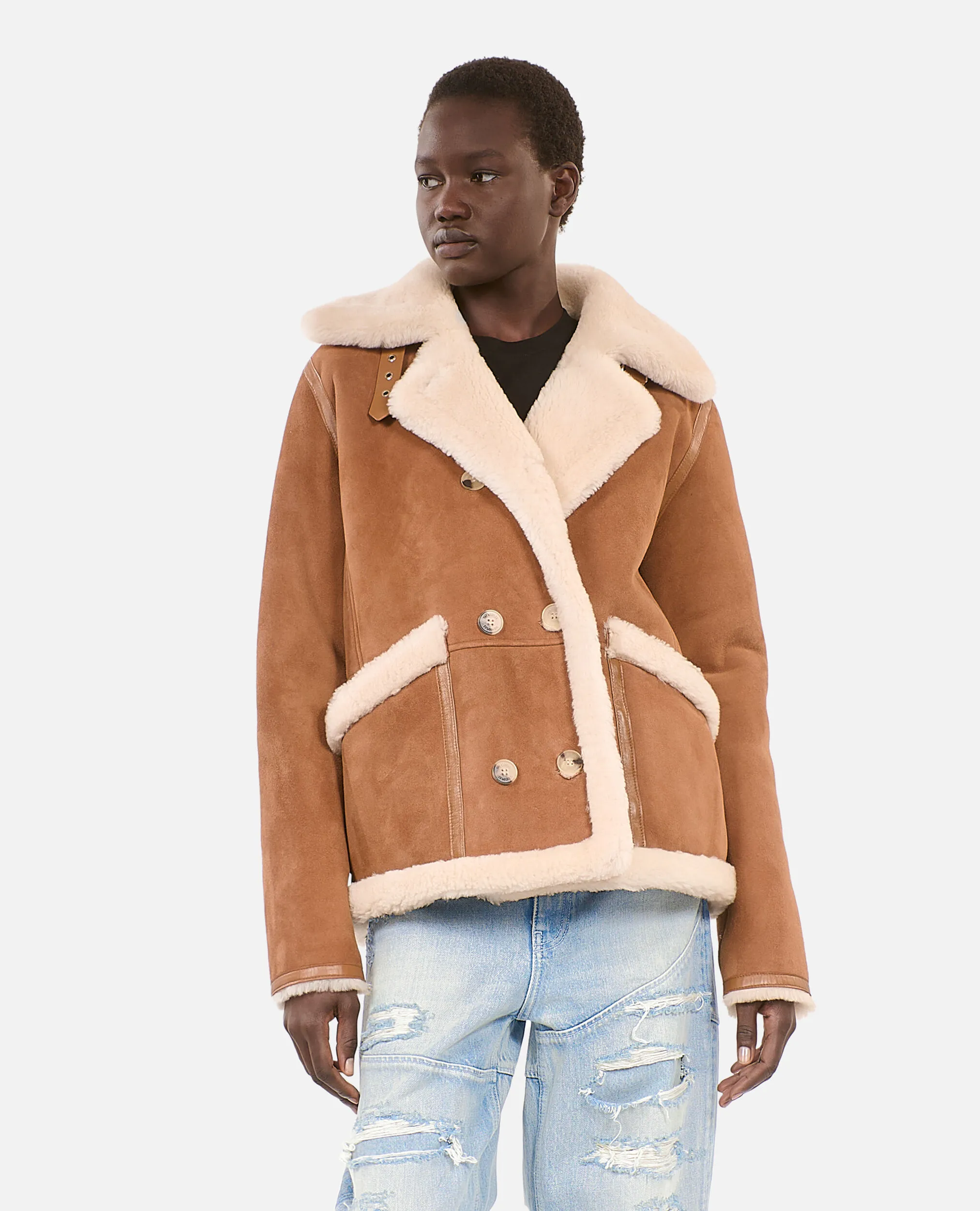 Short brown shearling coat