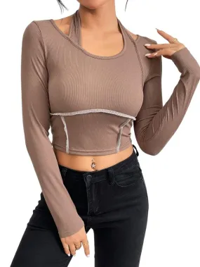 Slim fit knitted long sleeved sewing thread exposed hanging neck T-shirt fashion top