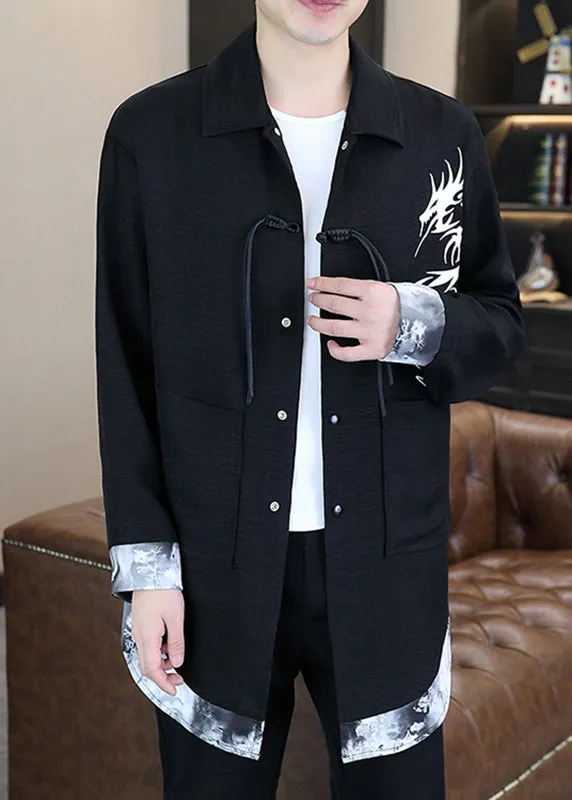 Stylish Black V Neck Print Patchwork Men UPF 50+ Coat Long Sleeve