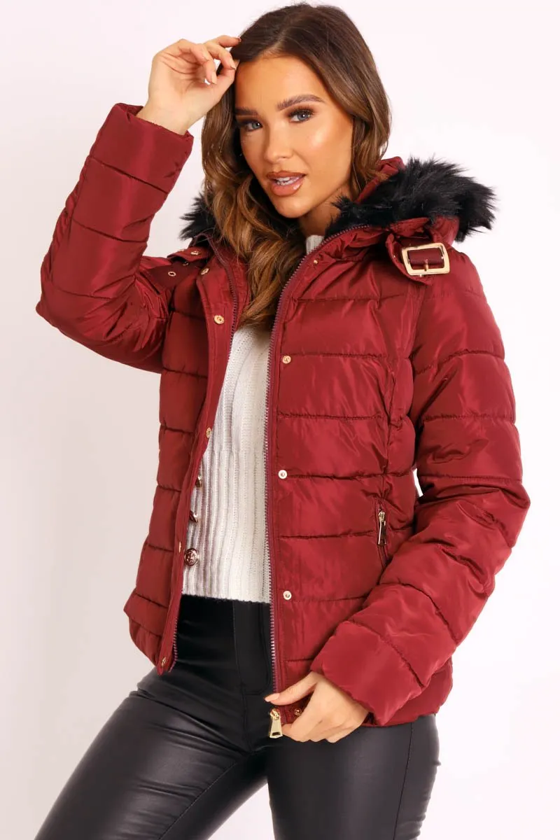 Wine Faux Fur Trim Hood Padded Coat - Jessabelle