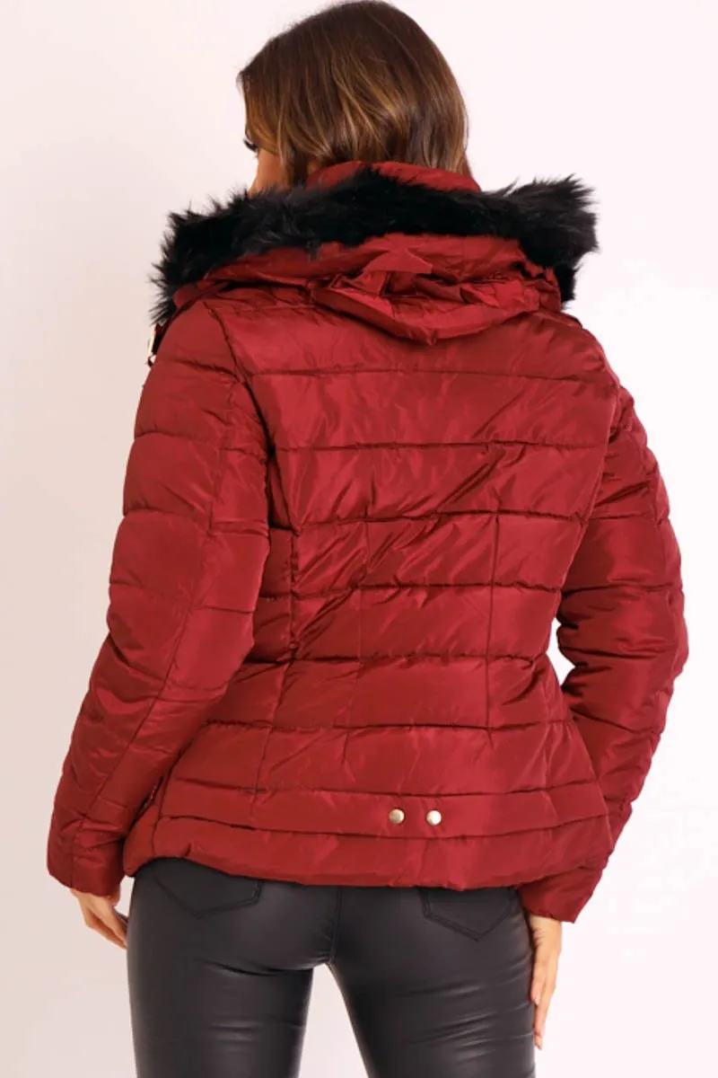 Wine Faux Fur Trim Hood Padded Coat - Jessabelle