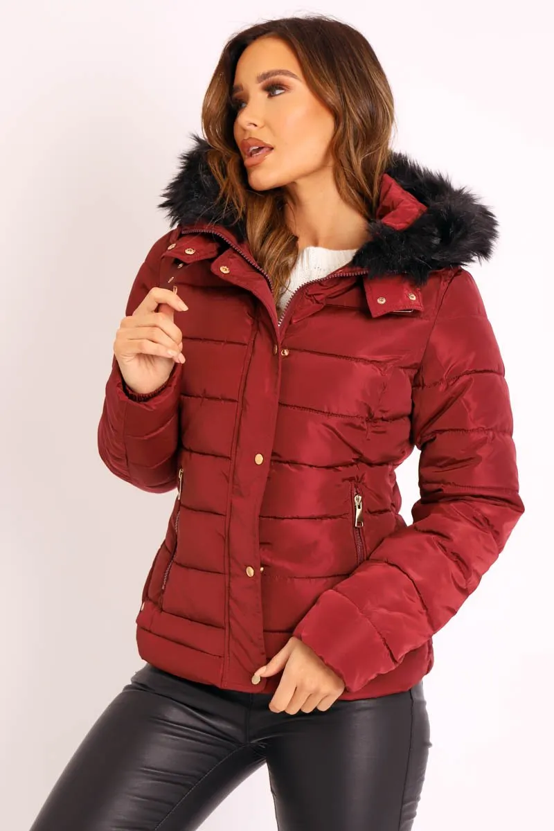 Wine Faux Fur Trim Hood Padded Coat - Jessabelle