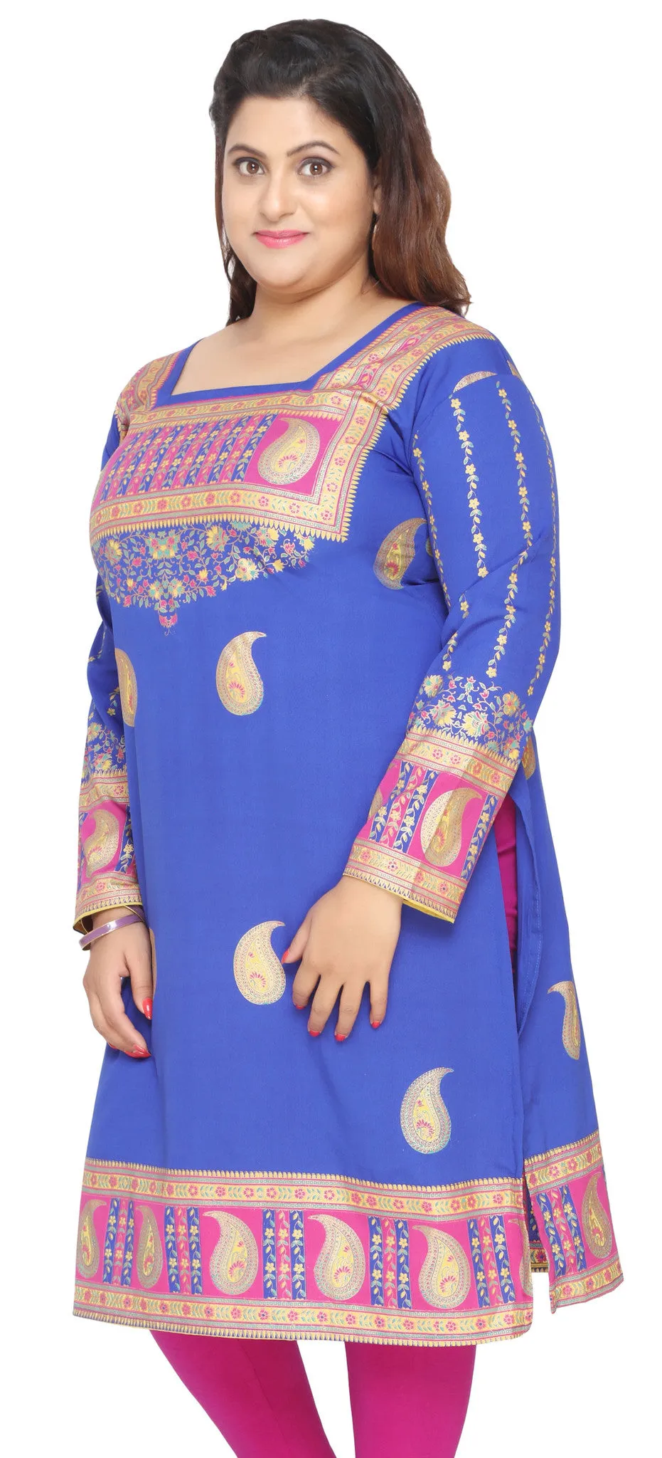 Womens Indian Tunics Kurti Long Top Plus Size Apparel (Blue)