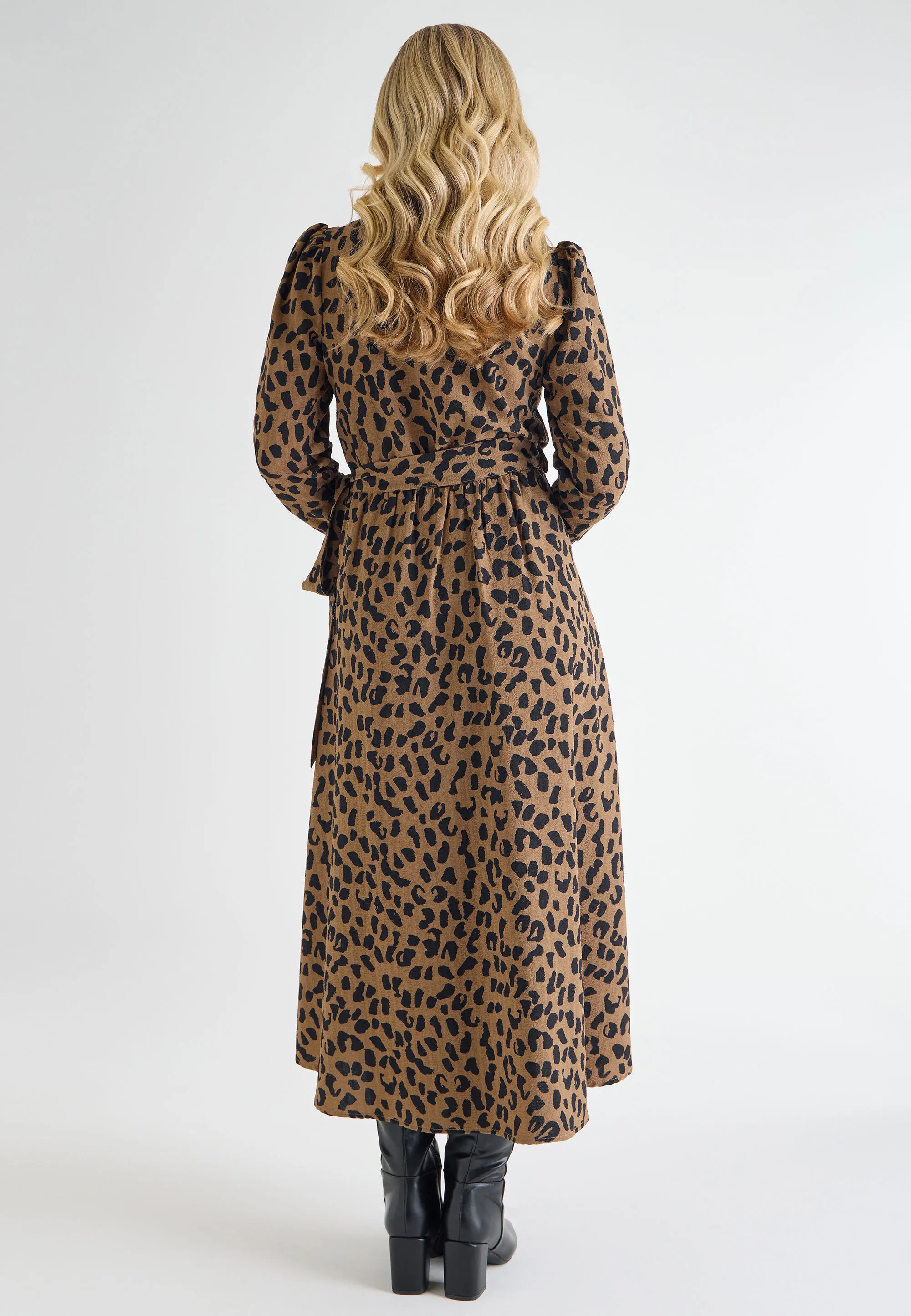 Womens Khaki Leopard Print Midi Wrap Dress