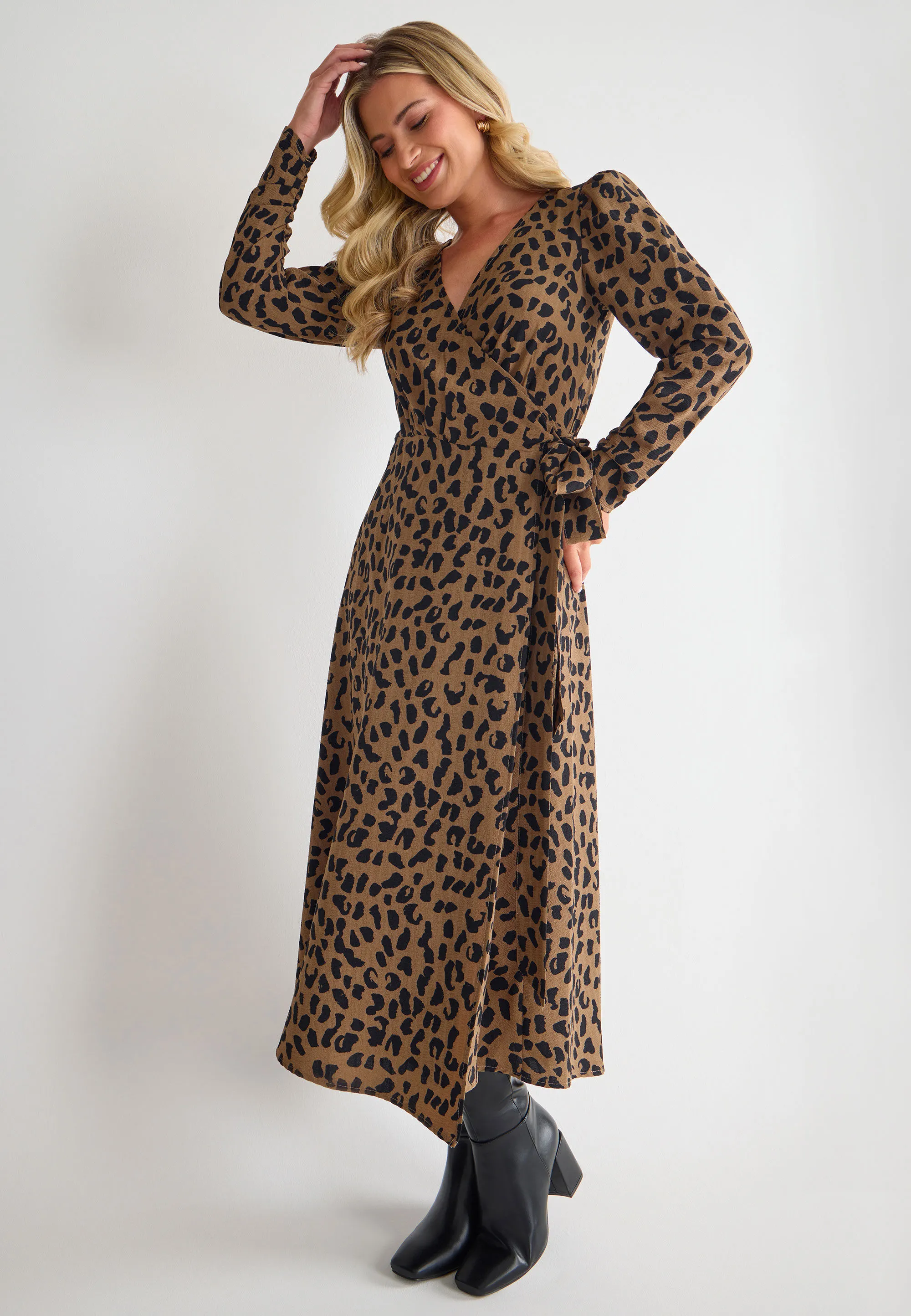 Womens Khaki Leopard Print Midi Wrap Dress