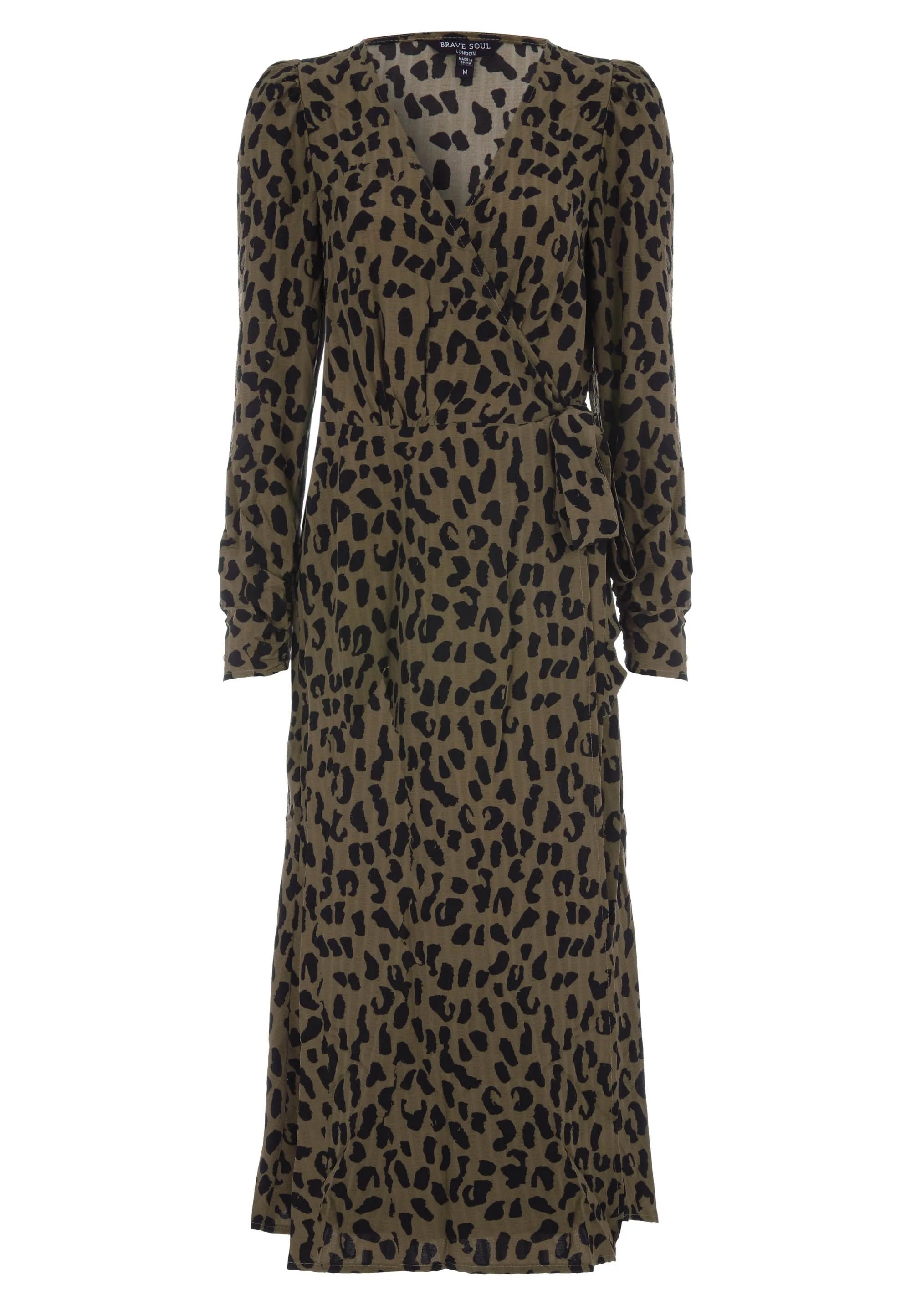 Womens Khaki Leopard Print Midi Wrap Dress