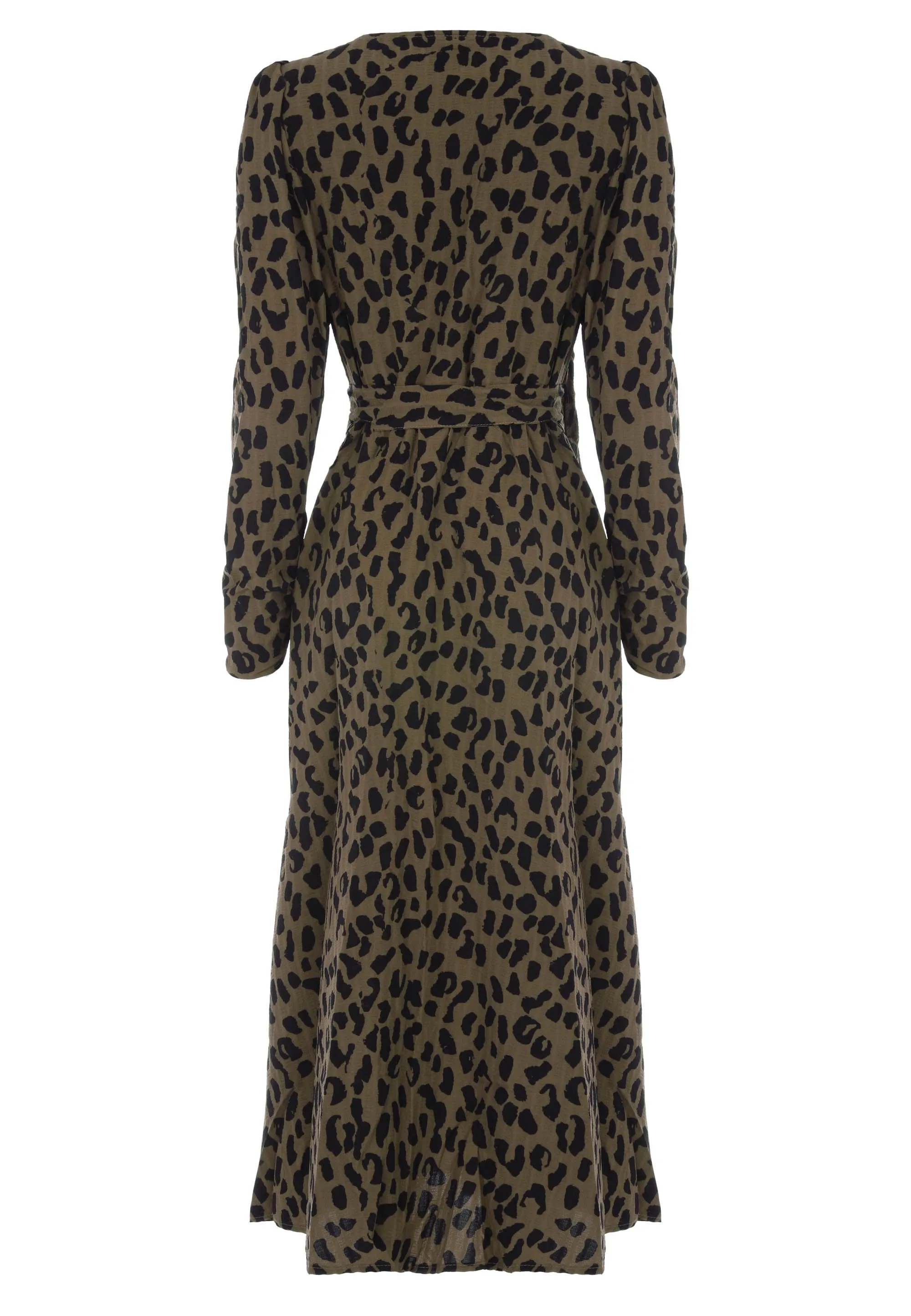 Womens Khaki Leopard Print Midi Wrap Dress