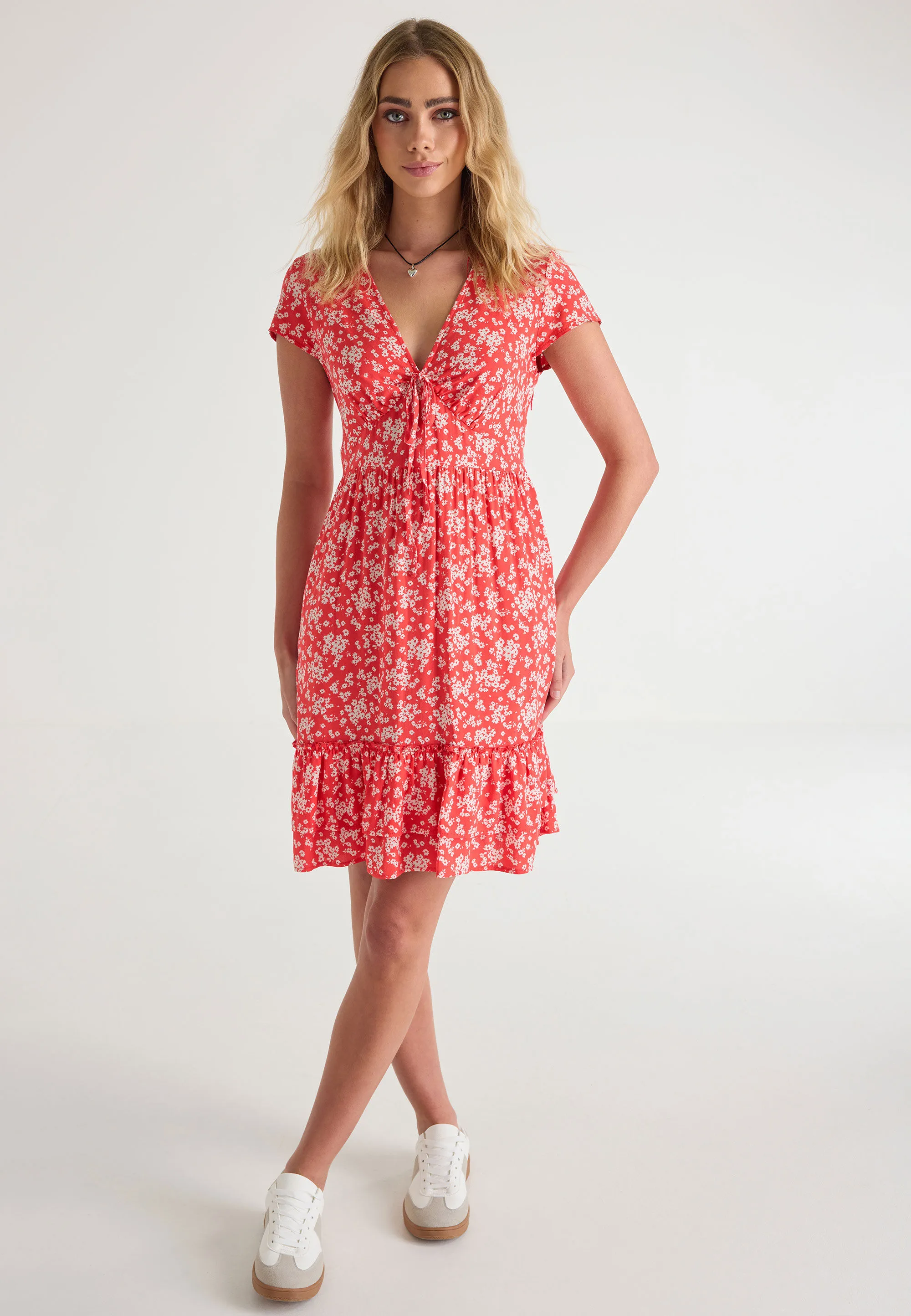 Womens Red Floral Ruffle Hem Dress