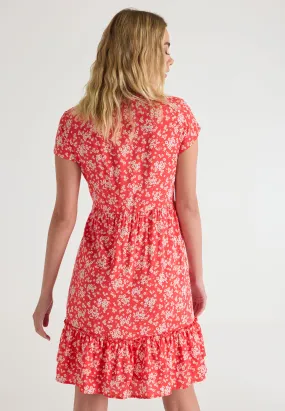 Womens Red Floral Ruffle Hem Dress